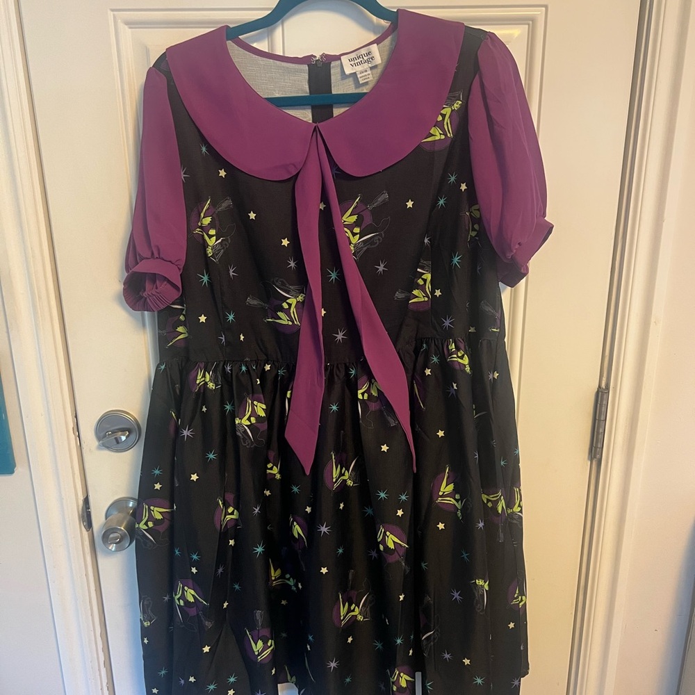 Purple and Black flying witch Print Dress